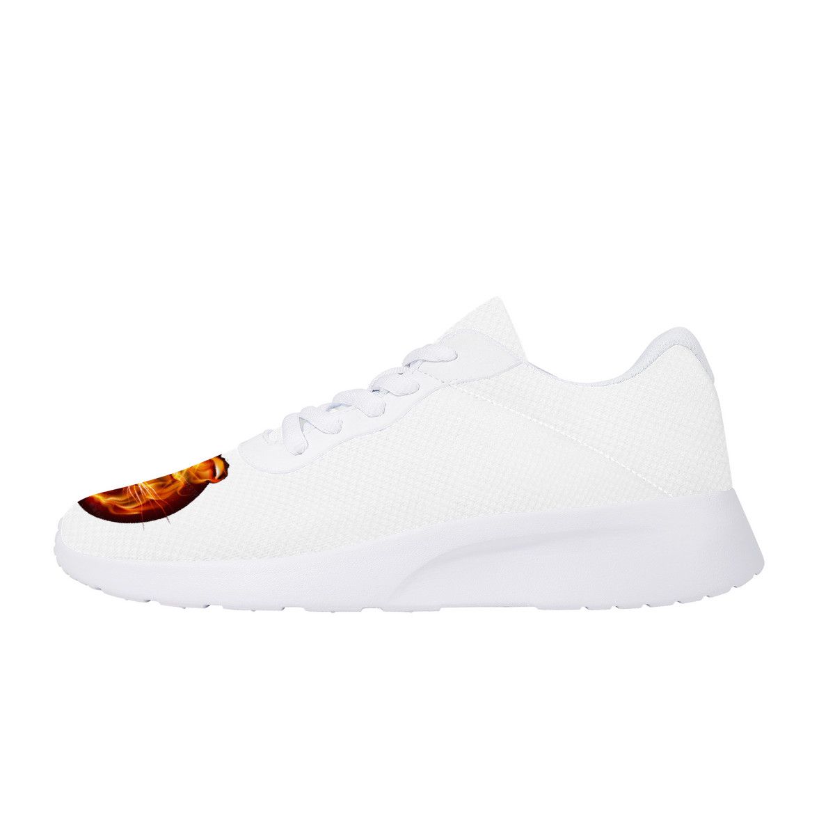 All-White Mesh Sneakers with Fiery Tiger Head Graphics