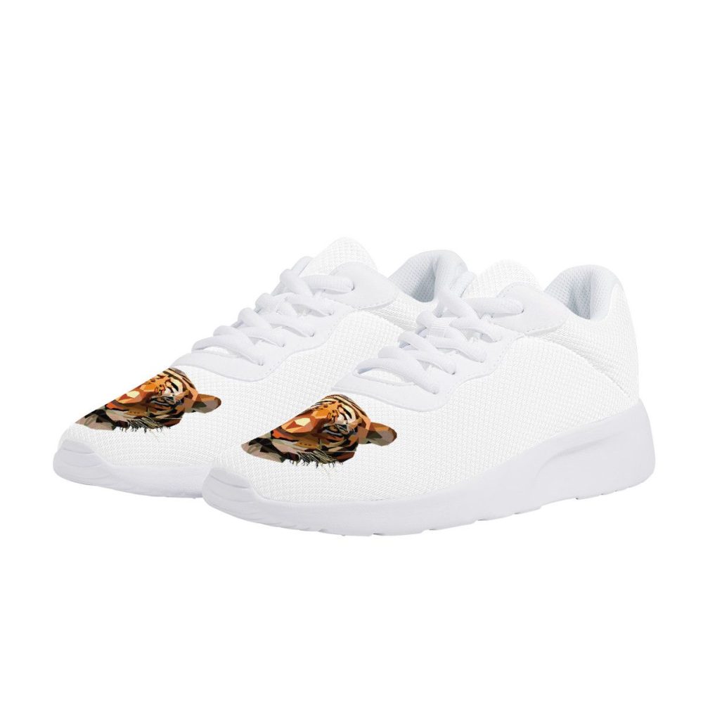 All-White Mesh Sneakers with Abstract Tiger Head Prints