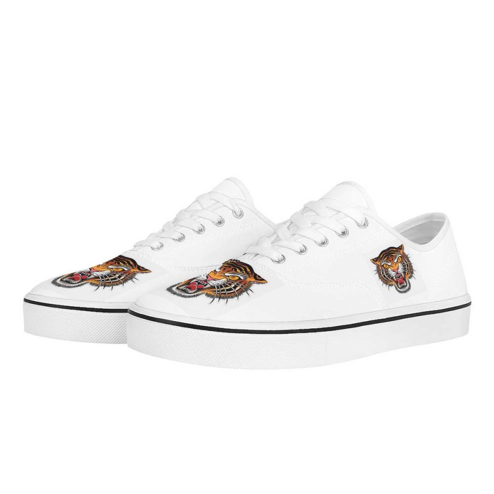 White Canvas Sneakers with Bold Tiger Embroidery